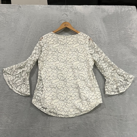 Elle Top Blouse Womens Medium Crochet Floral Print Bell Sleeves Boho Cottagecore - Picture 2 of 9